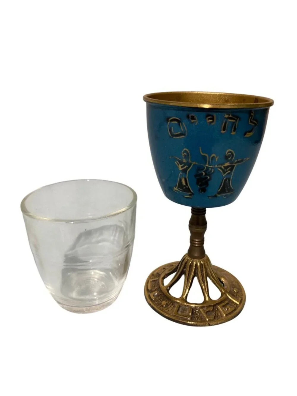 Vintage Blue Enamel And Brass Ornate Kiddush Cup With Glass Insert Israel